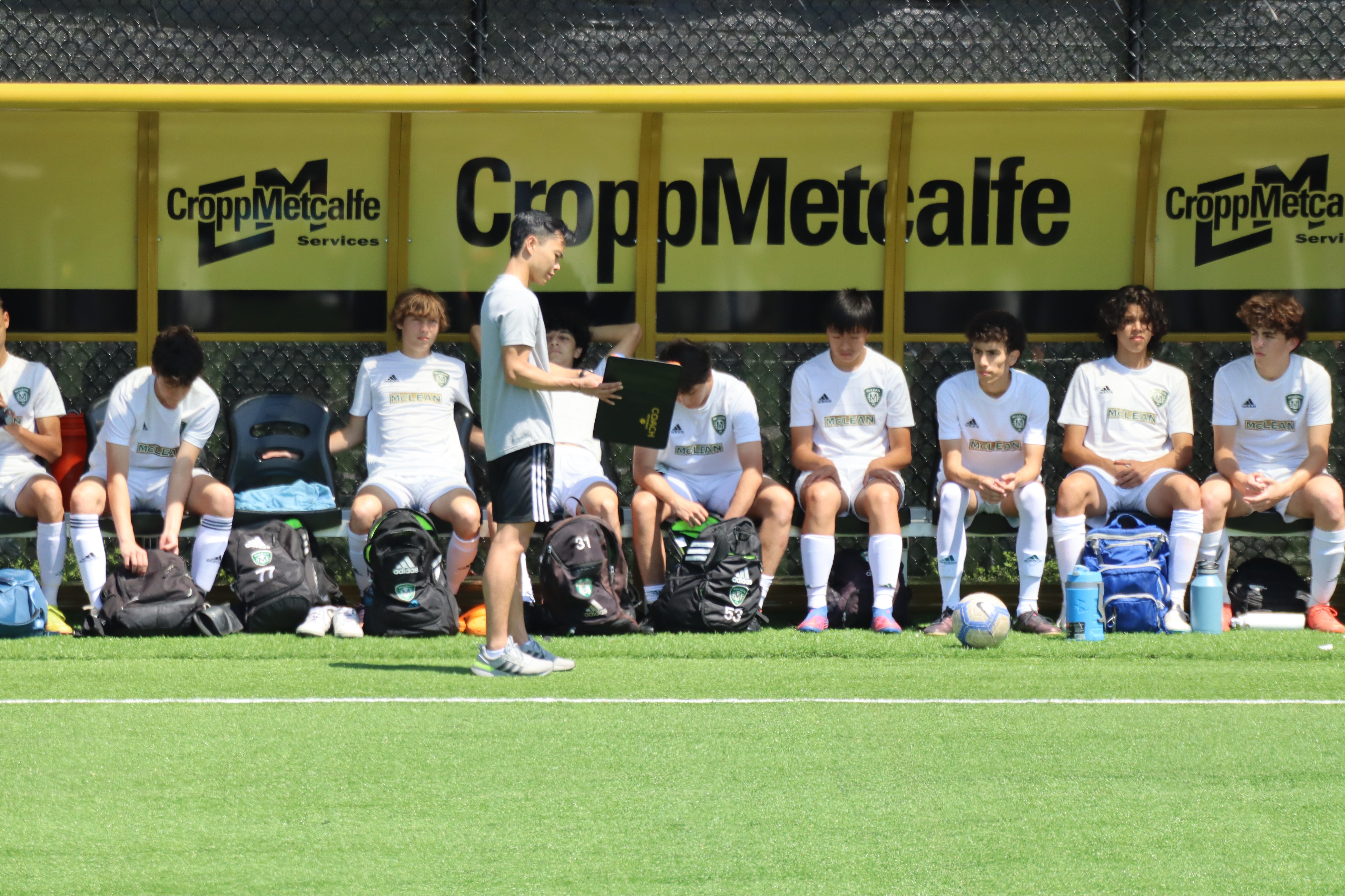 Soccer coach talking to the team